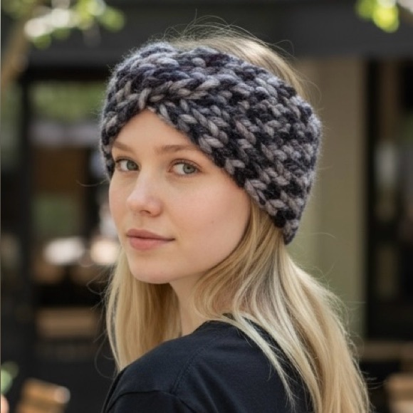 Hand Crafted Accessories - Hat Headband Earwarmer Crossover Top Knot Black Silver